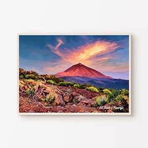 Beautiful painting of the highest and most beautiful volcano in Spain. Teide volcano. Tenerife. Canary Islands. Souvenir from Tenerife.
