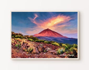 Beautiful painting of the highest and most beautiful volcano in Spain. Teide volcano. Tenerife. Canary Islands. Souvenir from Tenerife.