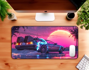 DeLorean Desk Mat: 80s Retrowave Neon Car, Starry Sky