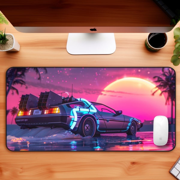 DeLorean car in the style of an '80s retrofuturism video game, with glowing neon lights and starry sky desk mat