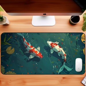 Desk mat mythic koi fish, japanese aesthetic, lofi style