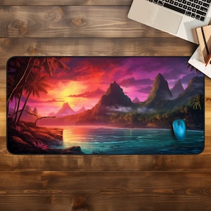 Sunset Island Desk Mat Cute, Tropical XL Mouse Pad, Large Desk Mat Pad, Gaming Desk Pad, Landscape Mousepad, Aesthetic Desk Protector
