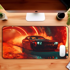 May include: A black muscle car driving through a tunnel with red neon lights. The car is leaving a trail of smoke behind it.