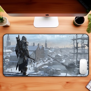 Assassin on a roof mousepad winter landscape and boat