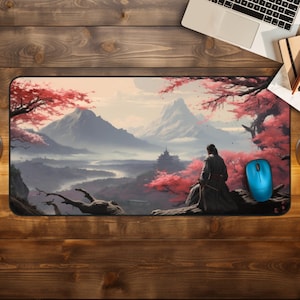 Japanese Desk Decor, Japan Desk Mat, Japanese Mountains Mouse Pad, Samurai Mousepad XL, Aesthetic Office Accessory, Cherry Blossom Desk Mat