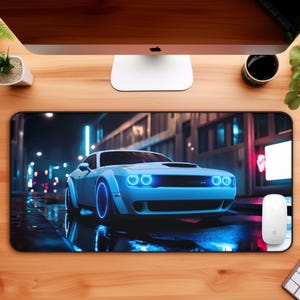 May include: A white muscle car with blue neon lights drives through a city at night. The car is a Dodge Challenger with a blacked-out grille and black wheels. The city is lit up with neon lights and streetlights.