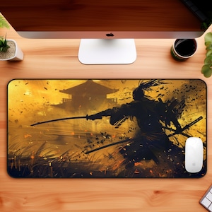 Shadow samurai training in front of his japanese temple mouse pad in painting style