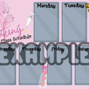 May include: A pink printable baking class schedule with a gray background. The schedule is divided into six sections, one for each day of the week. The days of the week are labeled in black text. The background is decorated with baking-themed illustrations, including a pink apron, a rolling pin, a whisk, a measuring cup, and a piping bag.