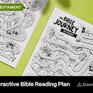 Puede incluir: Tablero de juego de plan de lectura de la Biblia imprimible en blanco y negro con el título "The Bible Journey Old Testament". El tablero de juego tiene forma de camino sinuoso con espacios numerados e ilustraciones de escenas del Antiguo Testamento.