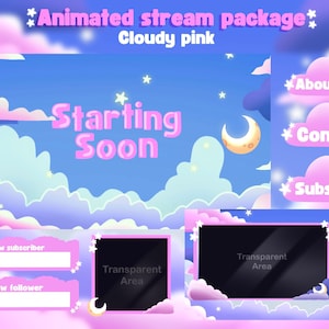 Twitch Animated Cute Overlay Pack for Stream | Animated Screens | Alerts | Clouds | Pastel | Pink | Aesthetic