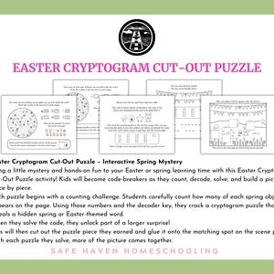 Può includere: Un foglio di attività didattiche verde e bianco intitolato "Easter Cryptogram Cut-Out Puzzle". Il foglio include enigmi con immagini e testo a tema pasquale. Il testo recita "Easter Cryptogram Cut-Out Puzzle - Interactive Spring Mystery".