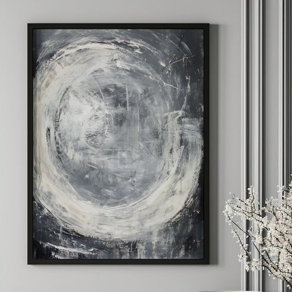 Vintage Abstract Oil Painting -Digital Print, Monochrome Palette, Black, White, Grey, Minimalist Decor, Neutral Tones, Elegant, Contemporary