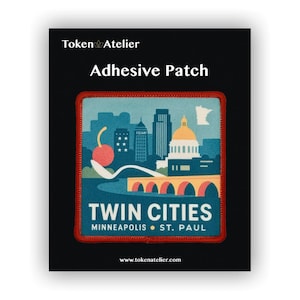 May include: Adhesive patch featuring a colorful illustration of the Twin Cities skyline, including a cherry, bridge, and state capitol building. The patch has a red border and the text "Twin Cities, Minneapolis, St. Paul."