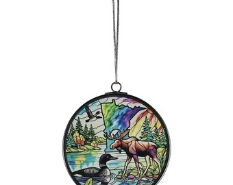 Minnesota Stained Animal Collage Moose & Loon Up North 3" Ornament