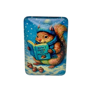 May include: A rectangular magnet featuring a cartoon squirrel reading a book titled "How I Froze My Nuts Off." The squirrel wears a blue hat and scarf, surrounded by falling snow and acorns.