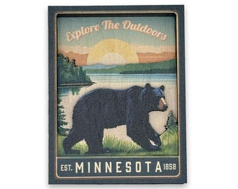 Vintage Bear Up North Explore the Outdoors Minnesota 4 Layer Wood Magnet