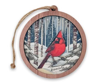 Minnesota Cozy Cardinal Winter 3 Layer Wood Ornament