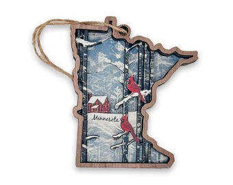 Minnesota Cozy Cardinal Winter Snow 4 Layer Wood Ornament