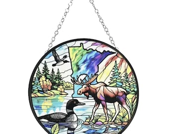 Minnesota Moose & Loon Up North Collage Stained Glass 6" Sun Catcher