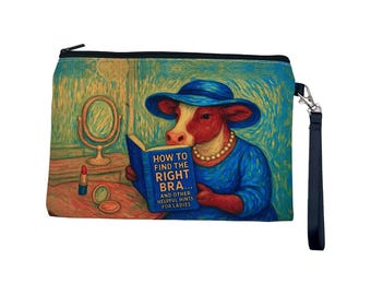 Token Tales Cow "How To Find The Right Bra" Canvas Wristlet Bag