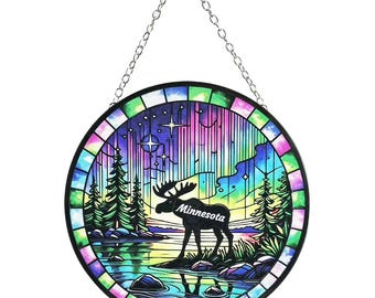Minnesota Aurora Northern Lights Moose Stained Glass 6" Sun Catcher