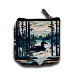 Monedero de lino inspirado en el colimbo de Michigan, billetera pequeña hecha a mano, diseño de pájaro único, recuerdo de Michigan, accesorio minimalista
