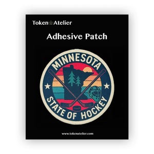 May include: Adhesive patch with a circular design featuring the word "MINNESOTA" and the phrase "STATE OF HOCKEY." The patch includes a silhouette of the state, crossed hockey sticks, a hockey helmet, and a hockey puck, set against a sunset background.