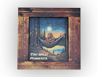 Minnesota Stay Wild Starry Night Inspired Sasquatch 3 Layer Wood Magnet