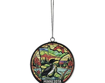 Minnesota Stained Glass Cozy Autumn Loon Up North 3" Ornament