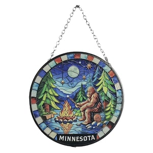 Minnesota Bigfoot Stained Glass Sun Catcher - 6 Inch Handcrafted Window Decor, Sasquatch Campfire Art, Nature Lover Gift