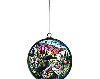 Minnesota Stained Glass Loon Ornament: State Bird & Flower, 3"