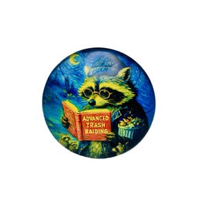 May include: A round button featuring a raccoon wearing glasses and a hat, reading a book titled "ADVANCED TRASH RAIDING." The background is a swirling blue and yellow night sky. The raccoon holds a small container of food.