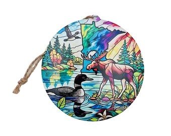 Stained Glass Inspired Minnesota Moose & Loon Metal Ornament