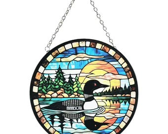 Minnesota Cozy Autumn Pinetree Loon Stained Glass 6" Sun Catcher