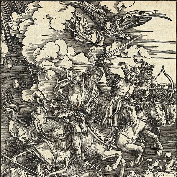 5ft4x5ft3 Mural of The Horsemen of the Apocalypse woodcut Albrecht Durer (c1498) 48 - 10.5in x 8in images that you download and put together