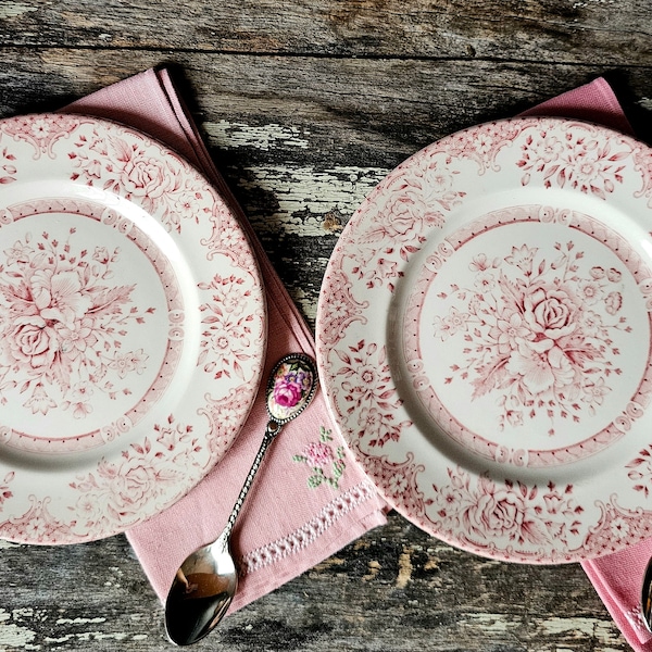 Vintage Ironstone Floral Plates/ Vintage Linen Tea Napkins/ Vintage Teaspoons/ Vintage Tea Set/Ironstone