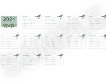 2024 maandelijkse gedateerde bloemen afdrukbare kalender. Simplistisch ontwerp voor eenvoudige maandelijkse planning - direct downloaden. 2 maten inbegrepen