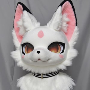 Testa di volpe pesca bianca, costume da cosplay Kenomo personalizzato, accessori per costume da pelliccia, orecchie pelose, creatura fantasy, regali di Natale pelosi