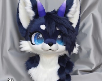 May include: A navy blue and white fursuit head with large, bright blue eyes. The head features white accents, purple horns, and a dark blue braid. The fursuit has a cute, cartoonish design.