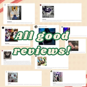 Peut inclure: Un collage de commentaires clients positifs pour un fabricant de costumes en fourrure. Les commentaires sont tous cinq &eacute;toiles et incluent du texte faisant l'&eacute;loge de la qualit&eacute; et du savoir-faire des costumes. Le texte "All good reviews!" est superpos&eacute; &agrave; l'image.