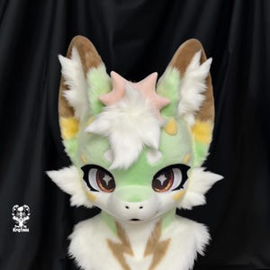 Green Starburst Cat Fursuit Head, Custom Kenomo Cosplay Fursuit, Fursuit Accessories , Furry Ears, Fantasy Creature, Christmas Furry Gifts