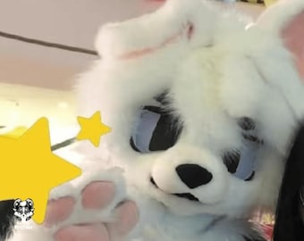 White Puppy with Thick Eyebrows Fursuit Head, Custom Kenomo Cosplay Fursuit, Fursuit Accessories ,Fantasy Creature, Christmas Furry Gifts
