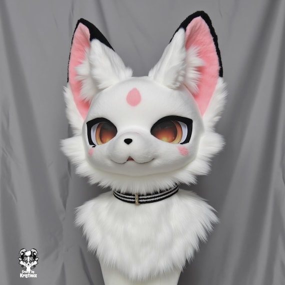 White Peach Fox Fursuit Head, Custom Kenomo Cosplay Fursuit