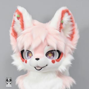 Cute Strawberry Pudding Dog Fursuit Head, Customized Pink Cake Dog Fursuit Head, Fursuit Accessories , Furry Ears, Fantasy Creature, Cosplay