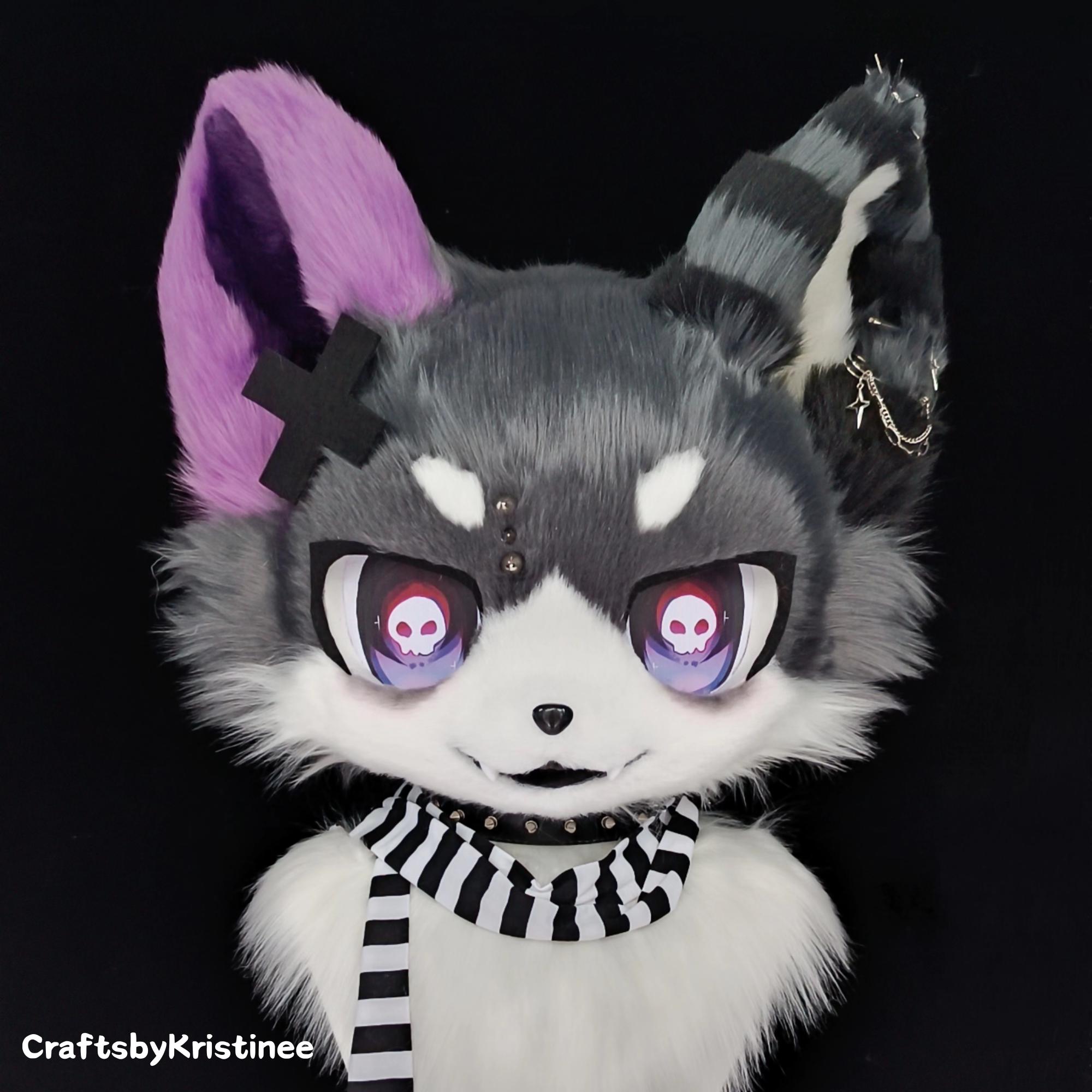 Mischief Devil Cat Fursuit Head, Customized Purple Skull Cat