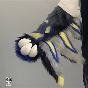 Op de afbeelding: Een harige grijze, zwarte, blauwe en gele hand met witte pootkussens. De hand is geposeerd alsof hij iets vasthoudt.