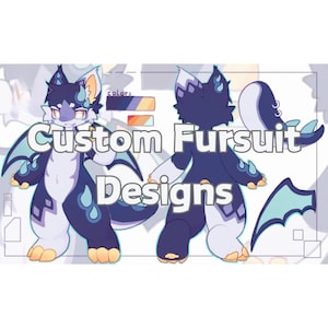 May include: A custom fursuit design featuring a blue and purple dragon-like creature with a light blue and white wing. The creature has a light blue body with dark blue accents and a light blue wing. The text "Custom Fursuit Designs" is written in white letters on a black background.