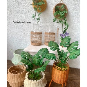 Miniature Monstera,Miniature Plants,Handwoven Baskets,Flower Baskets For Miniature Dollhouses,Miniature Dollhouse Props