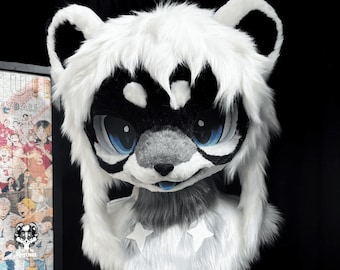 Zwart-witte wasbeer fursuit hoofd, aangepaste Kenomo cosplay fursuit, fursuit accessoires, fantasiewezen, harige kerstcadeaus