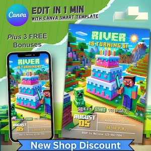 Videospiel-Geburtstagseinladung, personalisierte Einladung für Jungen-Mädchen, Minecraft-Thema, Gamer-Geburtstagsparty, bearbeitbare 5.b-Day-Karte, Minecrafter